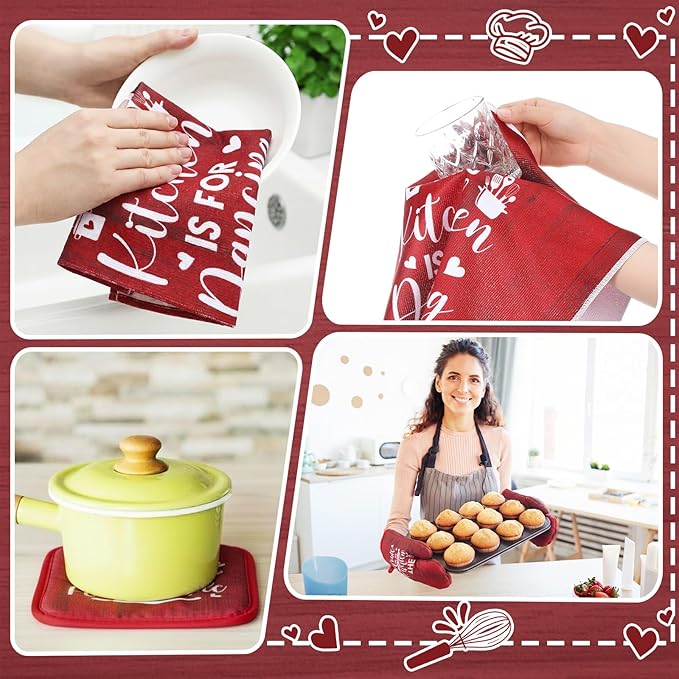 Leinuosen 8 Pcs Kitchen Towels and Oven Mitts Sets Pot Holders Dishcloths Set Kitchen Decorative Accessories Absorbent Potholders Heat Resistant for Chef Baking Cooking