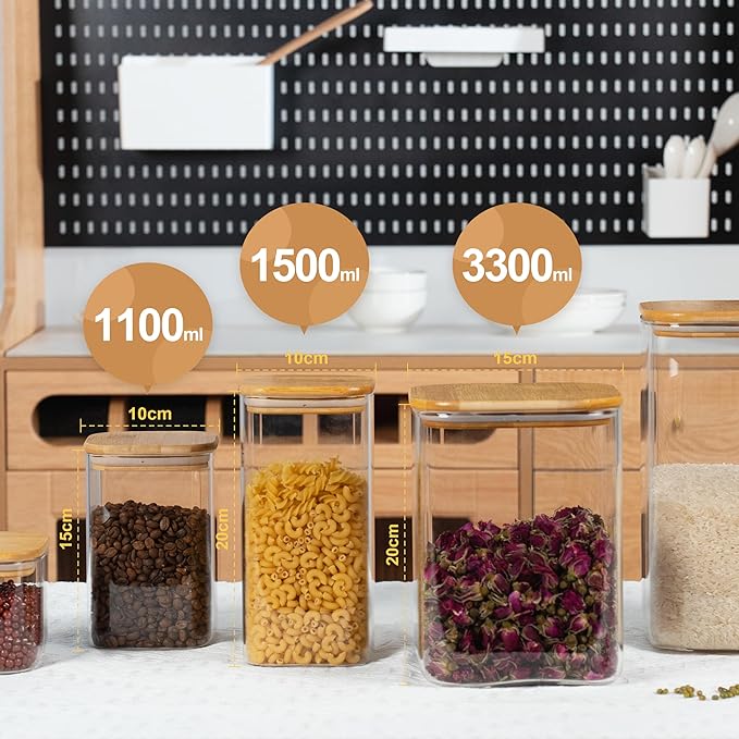 D2scrma 122oz Airtight Glass Square Storage Canister with Bamboo Lid Set of 1 (3600ml) Gallon Glass Jars Large Kitchen Canister for Sugar, Flour, Cookies and Coffee beans (with Black Lable)
