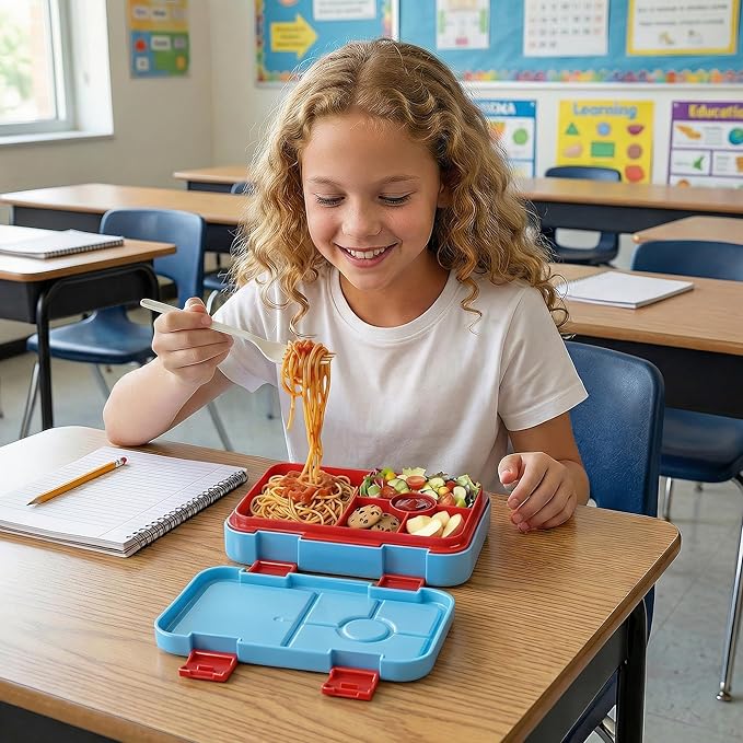 Bento Lunch Box for Kids, 6 Compartments BPA Free, Dishwasher Safe Back to School Snack Bento Lunch Containers Boxes, Ideal Portion Sizes for On-the-Go Meal, Ages 3+, Light Blue Patterned