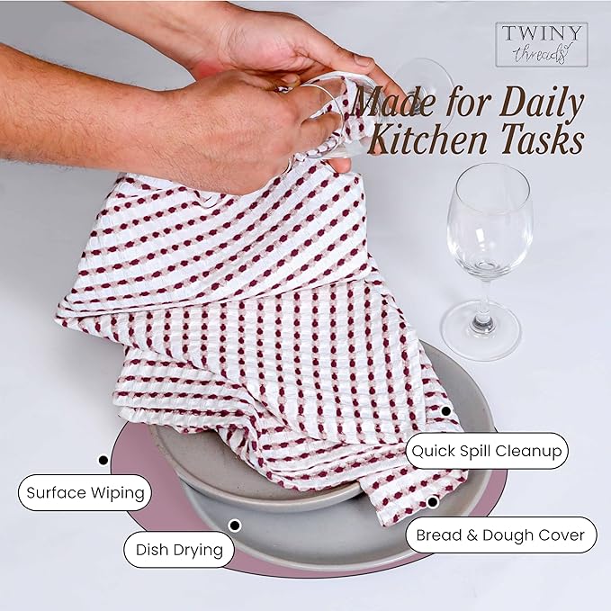 TWINY threads Multi Colors White Waffle Towels 4 Pack, 16x26 Inches Absorbent Waffle Weave Kitchen Dish Cloth Set, Durable & Machine Washable Tea Towel, Turquiose Blue, Orange, Burgundy, Indigo Blue