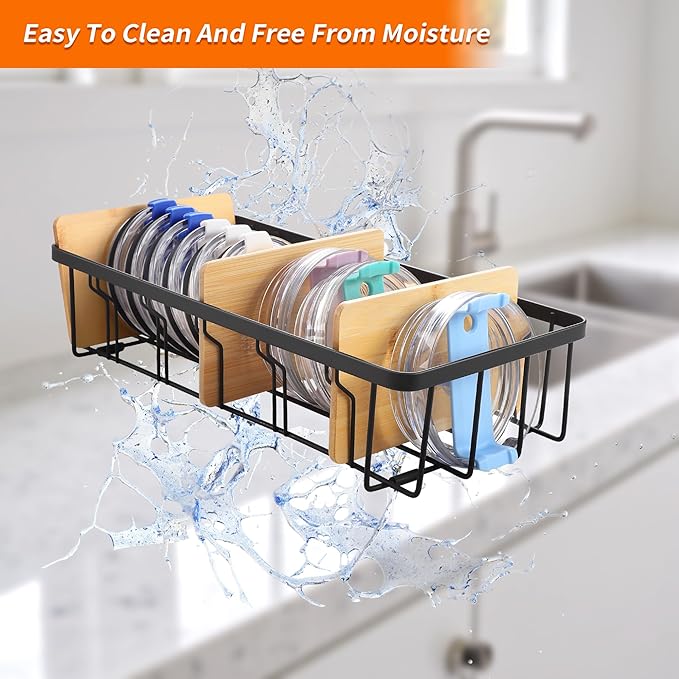 3-Pack Adjustable Lid Organizers - Large Kitchen Cabinet Organizer for Food Storage Container and Tumbler Cup Lids with 9 Bamboo Dividers - Organizers in Cabinet Kitchen/Pantry/Laundry Room
