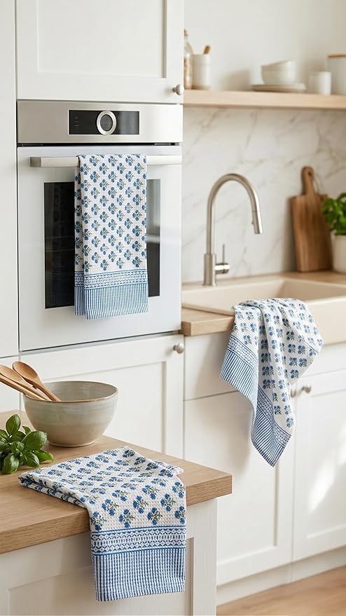 ATOSII 100% Cotton Hand Block Print Waffle Kitchen Towel, Set of 3, 18 x 26 Inches Ultra Absorbent Quick Dry Dish Towels, Reusable Sustainable Tea Towels for Cleaning and Drying, Gulbahar Blue