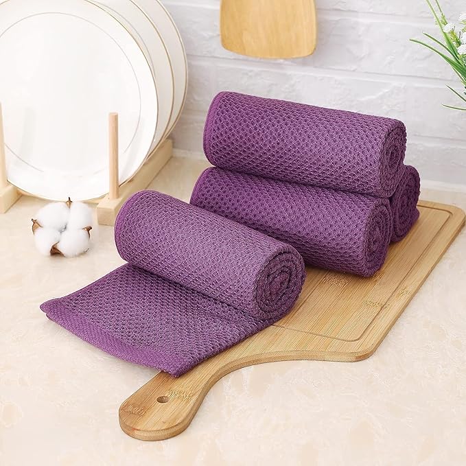 Kitinjoy 100% Cotton Waffle Weave Kitchen Hand Towels (13 X 28 Inches, Violet), 6-Pack Super Soft and Absorbent Dish Towel for Drying Dishes