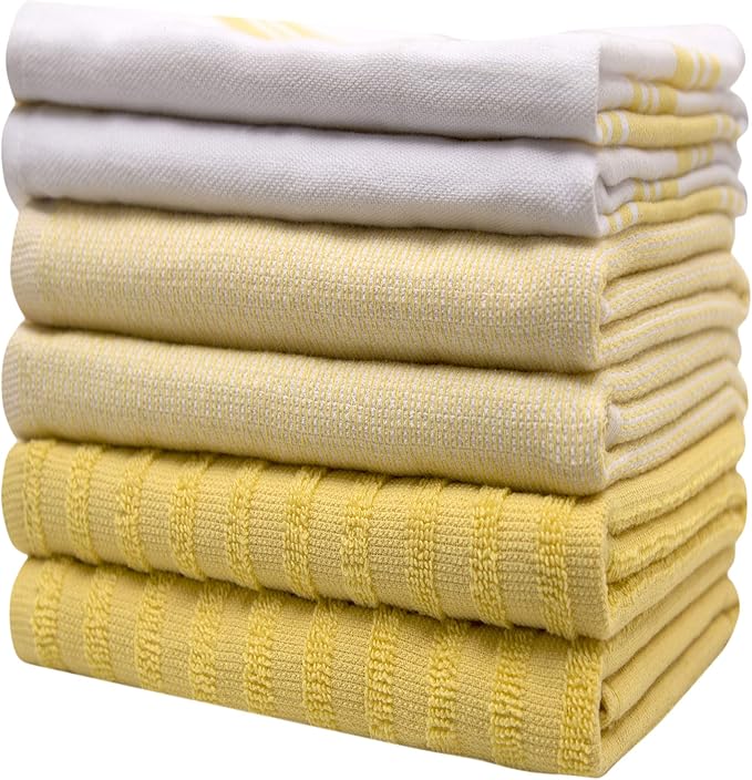 Premium Kitchen Towels (20”x 28”, 6 Pack) | Large Cotton Dish Towels | Flat & Terry Highly Absorbent Kitchen Linen Set with Hanging Loop | Yellow Striped