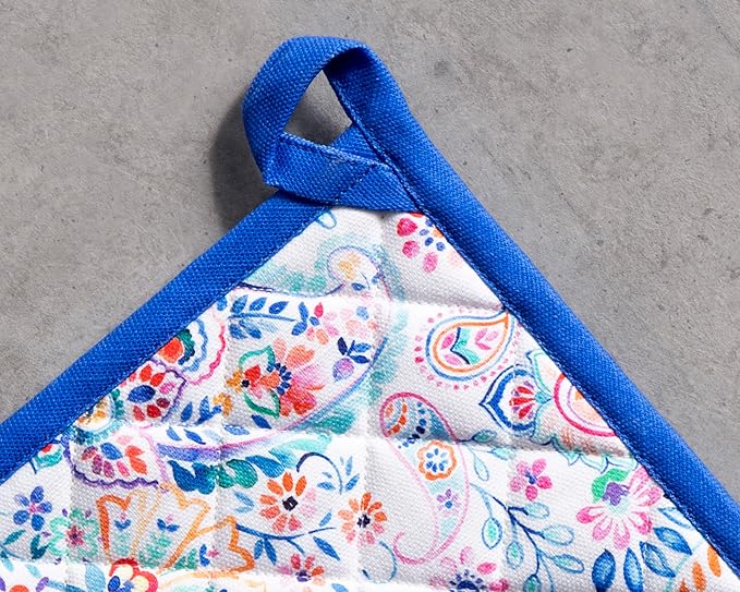 Maison d' Hermine Pot Holders 100% Cotton Heat Resistant Potholders 8" x 8" Hot Pads with Loop BBQ Cooking Baking Gifts for Mothers Day Handling Hot Pans Spring/Summer (Pack of 2, Indian Floral)