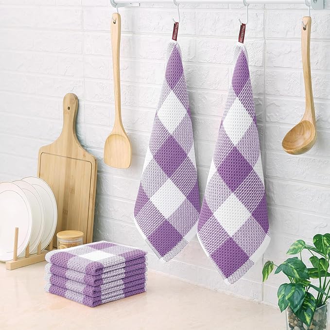 Homaxy 100% Cotton Waffle Weave Check Plaid Dish Cloths, 12 x 12 Inches, Super Soft and Absorbent Dish Towels Quick Drying Dish Rags, 6-Pack, White & Purple