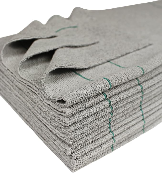 CleanAide Silver-Embedded Microfiber Towels, Edgeless, Lint-Free, Odor-Resistant, Ultra Absorbent, Streak-Free Cleaning for Auto, Home, Kitchen, Glass & Electronics, 16x16 in, 12-Pack, Green Stripes