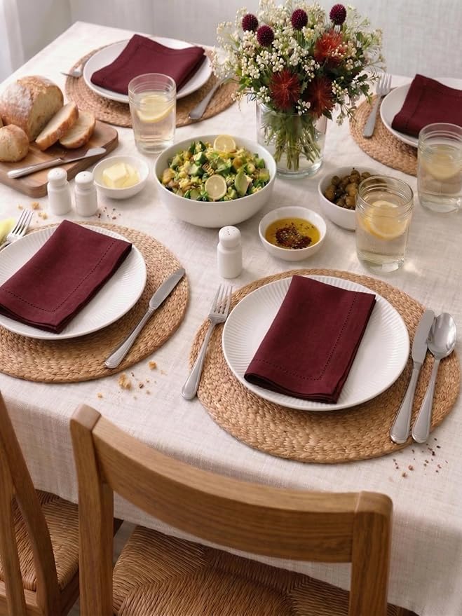 Palisa Burgundy Cotton Napkins Set of 12 | Premium Hemstitch Detailing Cloth Dinner Napkins 18x18 Inch | Soft Washable & Reusable Table Napkins for Everyday Use Weddings Parties Restaurants & Hotels