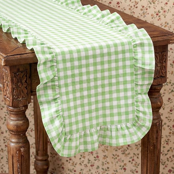 HunnmingRe 1 Pcs Light Green Plaid Gingham Ruffle Table Runner 72 x 13.8'' Farmhouse Easter Table Runner 100% Cotton Scalloped Long Dresser Scarves for Dining Room, Wedding, Kitchen Rustic Home Decor
