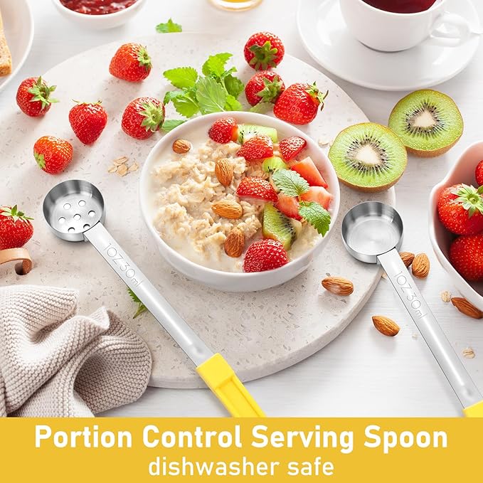 Teenyyou 8 Pcs Portion Control Serving Spoons Portion Scoops Cups Solid and Slotted Stainless Steel Ladle Spoon for Food, Serving Utensils Set for Parties (Yellow,1 oz)