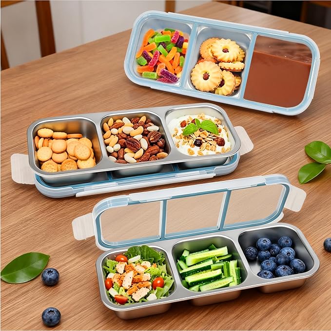 2Pack Stainless Steel Snack Containers, 3 Compartment Snackle Box Leakproof, Metal Bento Box with Airtight Lids, Reusable Food Storage Container for Lunch Travel Picnics Office