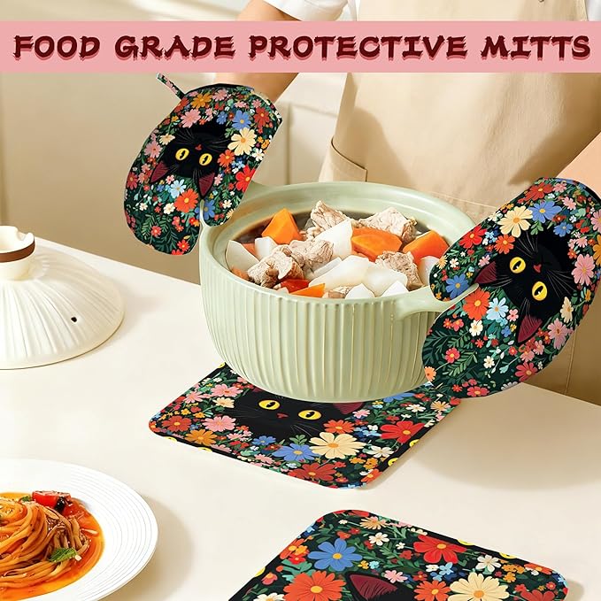 Funny Black Cat Heat-Resistant Silicone Oven Mitts and Pot Holders 4 Piece Set,Flower Field Extra Long Non-Slip Kitchen Oven Gloves for Cooking, Baking, BBQ,Grilling