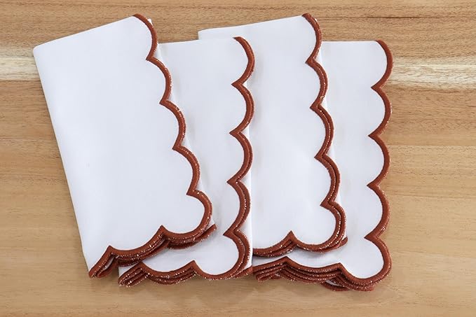 PurpleEssences Rust Scalloped Embroidery Cloth Napkins - Spring Easter Summer - Table Decor - 100% Cotton - Set of 4-18x18 inch - White - Edges - Rust