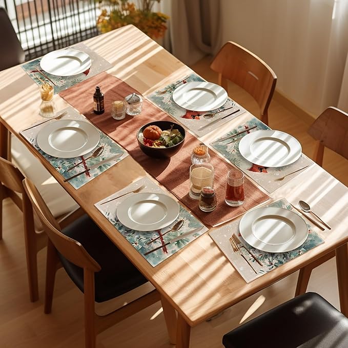 Christmas Cardinal Placemats Set of 6, Bird Place Mats Washable Heat Resistant 12×18 Inch Linen Table Mats for Christmas Dining Décor