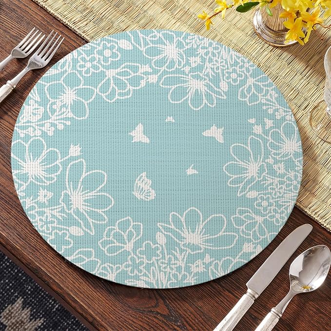 Artoid Mode Blue Leaves Vinyl Round Placemats Set of 4, 14 Inch Washable Non-Slip Heat Resistant Woven Plastic Spring Table Mats for Party Kitchen Dining Decor