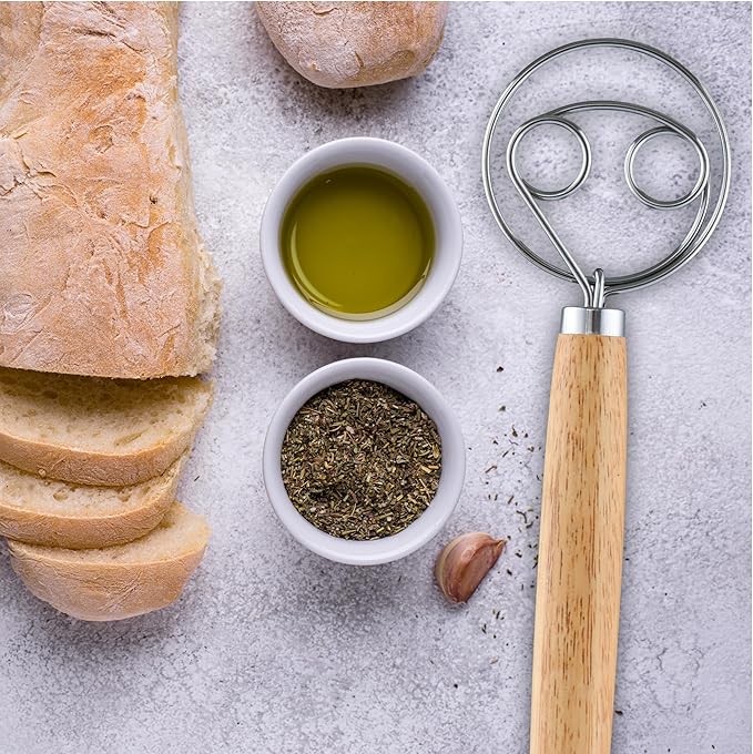 Zulay Kitchen Double-Eye 13" Danish Dough Whisk - Durable Easy Mixing Bread Whisk, Stainless Steel Danish Dough Hook, Sourdough Whisk For Mixing, Traditional Dutch Whisk, Dough Mixer Tool - Acacia
