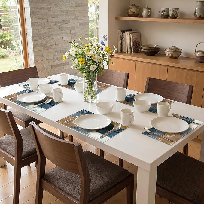 Emvency Farmhouse Placemats Set of 6, Abstract Modern Geometric Blue Brown 12x18 Inch Linen Rectangular Place Table Mats for Indoors & Outdoor Home Party Kitchen Dining Decoration