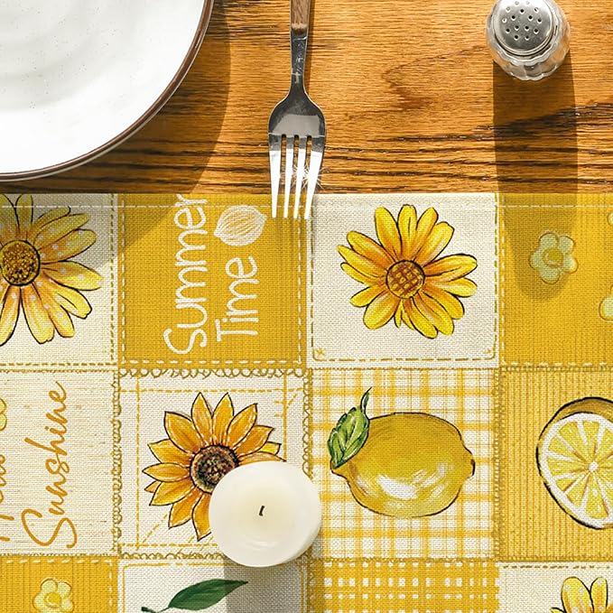 Artoid Mode Sunflower Lemon 210 GSM Hello Sunshine Summer Table Runner, Seasonal Kitchen Dining Table Decoration for Home Party Decor 13x36 Inch