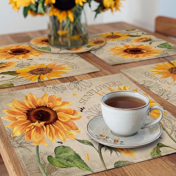 Sunflower Linen Placemats Set of 4, 12x18 Inch Farmhouse Spring Summer Sunshine Table Mats, Washable Table Decor for Kitchen Dining Indoor Outdoor Party Holiday