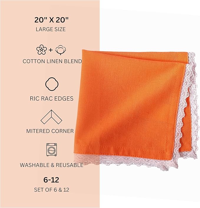 Fingercraft Dinner Cloth Napkin Cotton Linen Blend 12 Pack Mitered Corners with Elegant Lace for Everyday Use Napkins are Pre Shrunk and Good Absorbency (Rust, 20in x 20in (Set of 12)) Easter Color