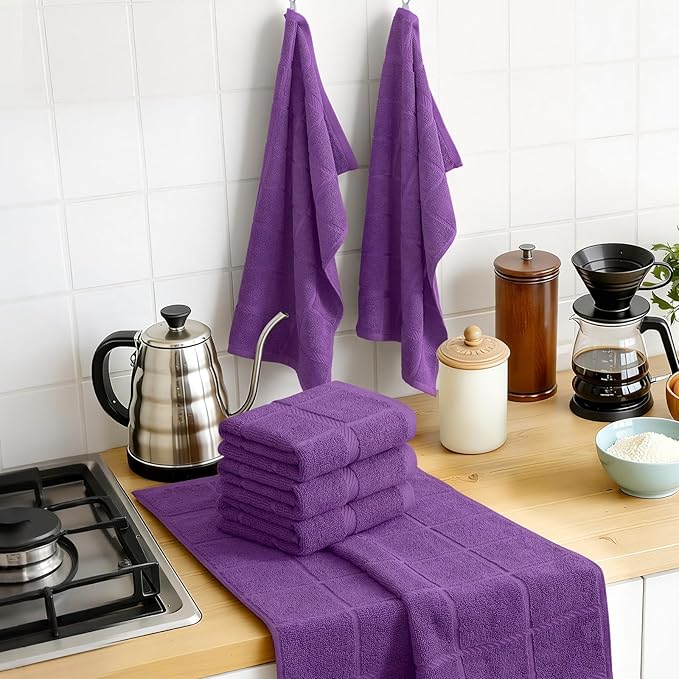 Homaxy Premium Kitchen Towels 18"x28", 4 Pack Large Cotton 380 GSM Dish Towels, Soft and Absorbent Kitchen Hand Towels with Terry Grid Design, Utility Tea Towel Set with Hanging Loop, Purple