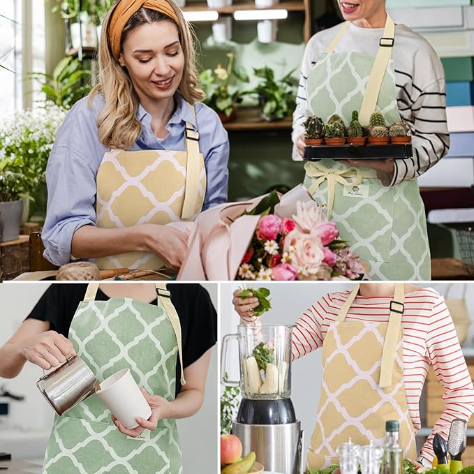 2 Pieces Aprons for Women with Pockets, Cotton Linen Waterproof Kitchen Cooking Aprons, Chef Apronfor Men Women with Adjustable Neck Strap and Long Ties(Yellow/Green)