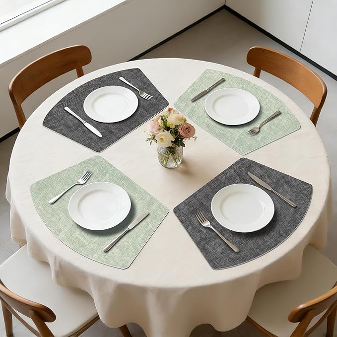 Round Table Placemats Set of 6, Dual-Sided Wedge Shape Faux Leather Table Mats, Washable Wipeable Heat Resistant Place Mats for Outdoor Indoor, Green Gray