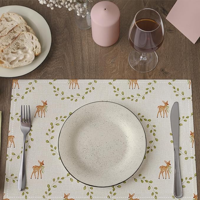 Fawn Themed Placemats Set of 4, Green Leaf Table Mat for Home Kitchen, Restaurants, Outdoor Linen Washable Place Mats 12x18 inch Party Event Dining Decoration-10
