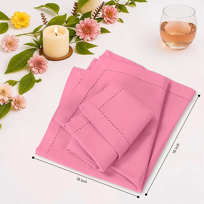 Ruvanti Cloth Napkins Set of 12, 100% Cotton High GSM 18x18 Inches, Hem Stitched Corners, Soft, Washable, Highly Durable & Absorbent, Perfect for Parties, Christmas, Thanksgiving Dinners – Pink