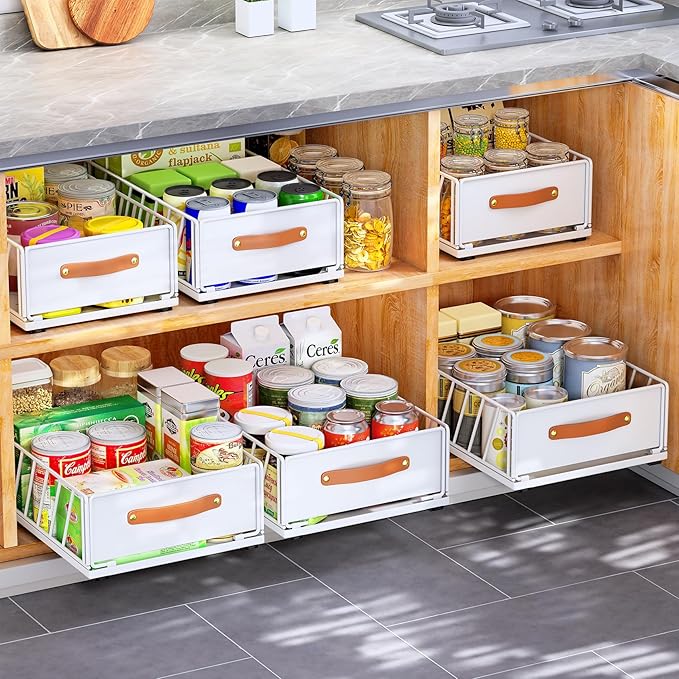 2Pack Pull out Cabinet Organizer,Heavy Duty Slide out Pantry Shelves Drawer Storage with Adhesive Nano Film,Sliding Mesh Basket with Handle for Kitchen, Bathroom, Home, 11.8W" X 15.7"D X 6.2"H,White