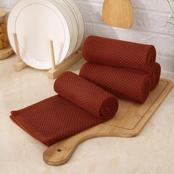 Kitinjoy 100% Cotton Waffle Weave Kitchen Hand Towels (13 X 28 Inches, Rust), 4-Pack Super Soft and Absorbent Dish Towel for Drying Dishes