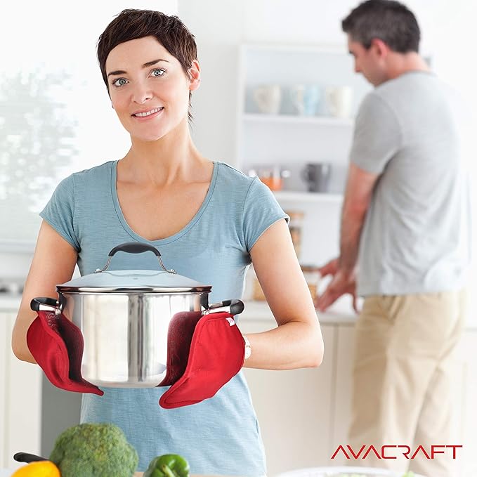 AVACRAFT Red Pot Holders Set, Flexible, 100% Cotton with Non-Slip Heat Resistant Silicone Design, Thick Terry Cloth Interior, Hot Pads, 500 F Heat Resistant Kitchen Mitts (Red Pot Holder)