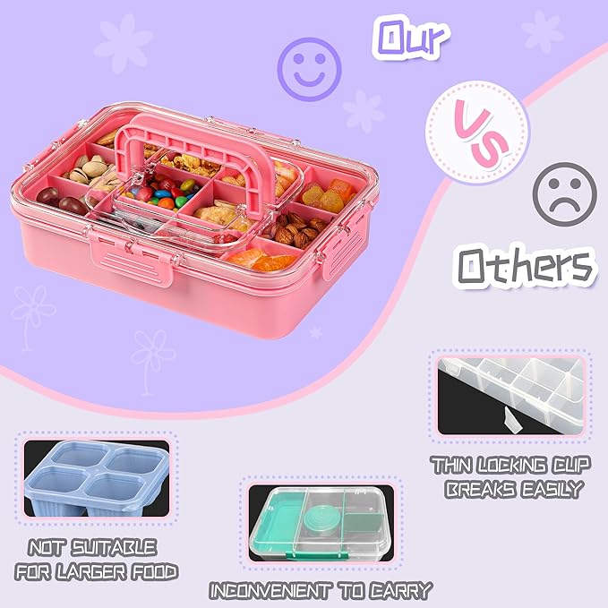 Xyptorix 2 Pcs Snack Box Container for Kids - Adjustable 12-Compartment Snack Containers, Reusable Bento Box, Dishwasher Safe, BPA-Free, Perfect for School, Travel, Camping & Picnic, Pink & Green