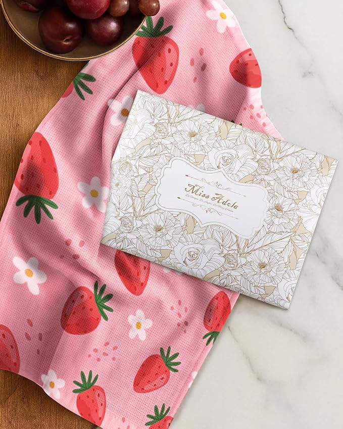 Miss Adola 2pcs Waffle Kitchen Towels - 16x26 Inch Cotton Waffle Weave Dish Cloths Set of 2 with Hanging Loop Absorbent Hand Tea Towels Cute Design for Housewarming Gift, Strawberry