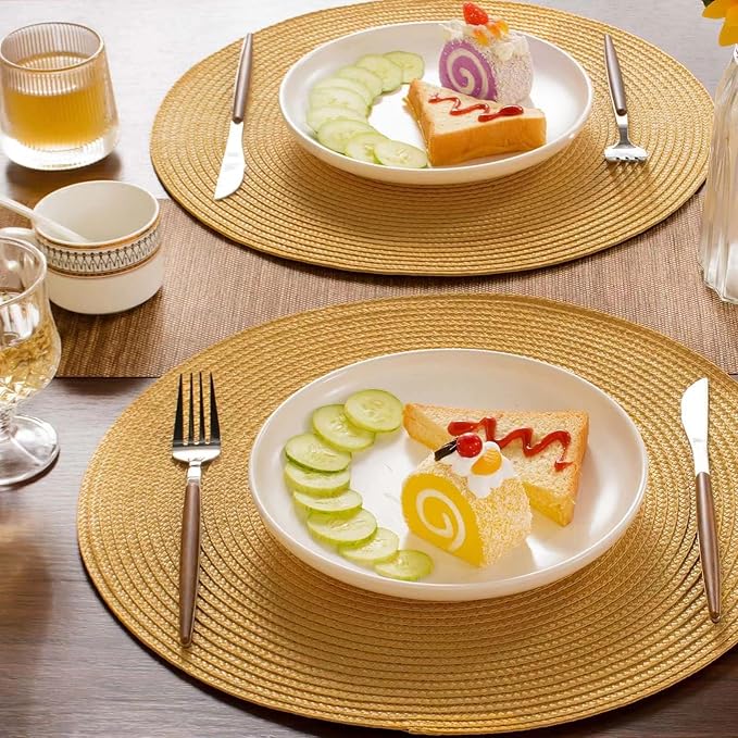 FunWheat Round Braided Placemats Set of 4 Table Mats for Dining Tables Woven Washable Non-Slip Place mats 15 inch(Pumpkin Yellow,4pcs)