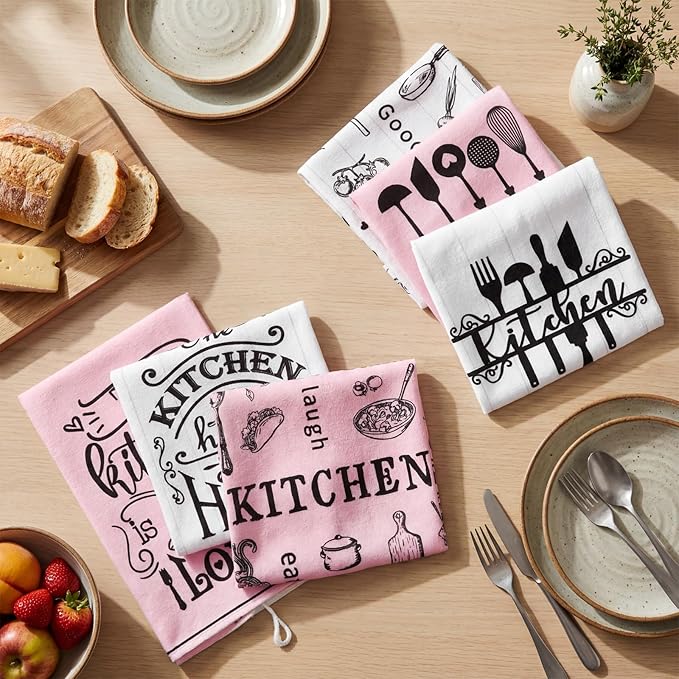 Bencailor 6 Pcs Kitchen Towels Decorative Sets Dish Towels Absorbent Fast Drying Hand Tea Vintage Hanging Reusable Cleaning Dishcloths for Cooking Farmhouse Bathroom Accessory(Pink and White,Classic)