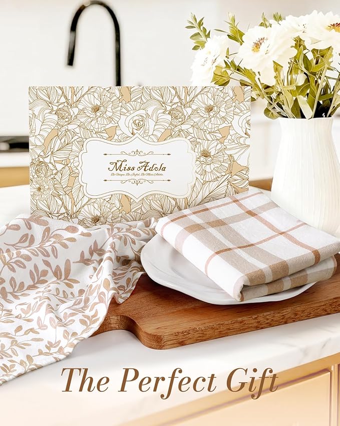 Miss Adola 2pcs Flour Sack Kitchen Towels - 18"x 26" Cotton Kitchen Hand Towels with Hanging Loop Reusable Geometric Beige Plaid Floral Tea Towel Absorbent Dishcloths Home Decor, Botanical Floral