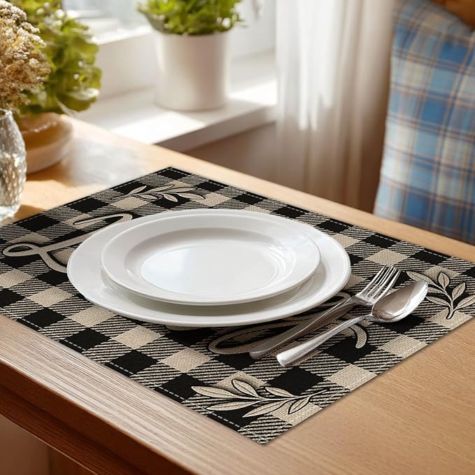 HOMETITUTE Blessed Placemats Set of 4 Linen 12x18 Inch Washable Table Mats Black and White Buffalo Plaid Rustic Farmhouse Place Mats Decorative Kitchen Dining Table Party Holiday Home Decor