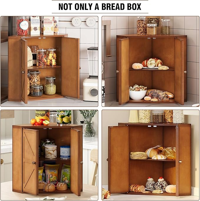 Trironsun Corner Bread Box for Kitchen Counter Double Layer Bamboo Bread Storage Container Large Capacity Bread Storage Bin Farmhouse Breadbox Organizer (Antique Brown)