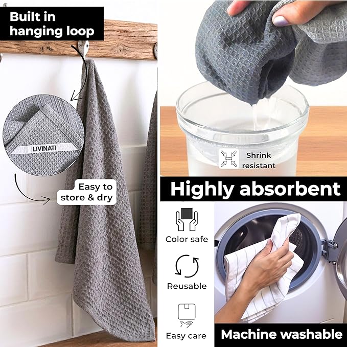 Cotton Dish Towels For Kitchen Drying - Highly Absorbent Wide Light Gray Striped Plaid Tea Towels - 18"X28" Set Of 6 Farmhouse Linen Dishtowels In Bulk - Pano De Prato Para Cozinha - T Towles Towls