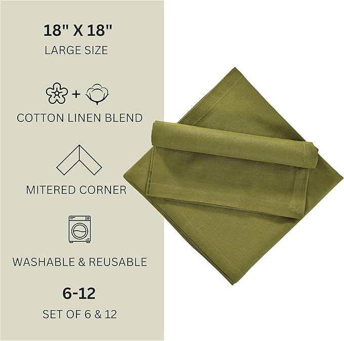 FINGERCRAFT Dinner Cloth Napkins, Cotton Linen Blend Mitered Corner Napkins Cloth 12 Pack Natural Premium Quality for Every Day Use, Parties, Easter, Thanksgiving, Weddings, 18x18 inch Olive Green