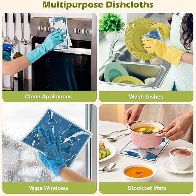 6 Packs Swedish Paper Cloths for Kitchen, Reusable Paper Towels Washable Dish Rags, Highly Absorbent Kitchen Towels Quick Drying Swedish Sponge Cleaning Dish Cloths(Deep Blue Sea Creatures)
