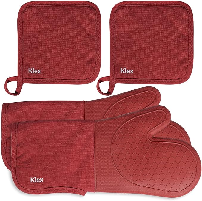 Klex Extra Long Silicone Oven Mitts and Pot Holders, 932°F Degrees Heat Resistance with Quilted Liner Oven Gloves and Hot Pads, 4 Piece Set, 15 inch, Red