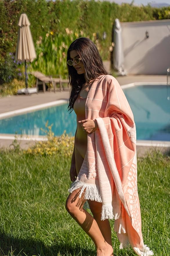 SOFE H&L | LINVIA Foutah Quick Dry Beach Towel Pack of 2 (35” x 70”) CARETTA - Coral | Lightweight, Premium, Fade Resistant, Durable | Travel Towel, Turkish Beach Towel with Shoulder Strap