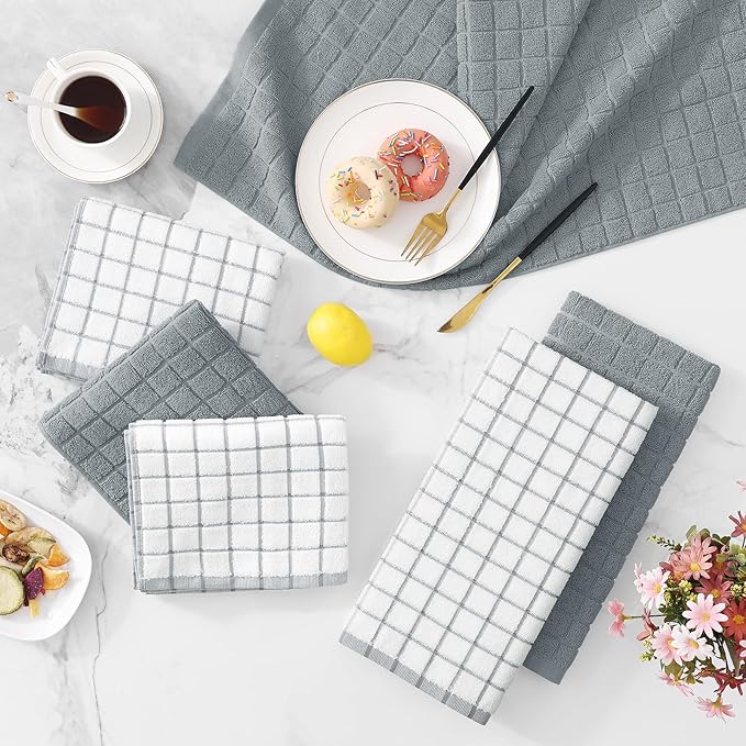 Homaxy Premium Cotton Kitchen Towels 16"x 28", Large Natural Ring Spun 390 GSM Dish Towels, Super Absorbent Terry Kitchen Hand Towels, Soft Tea Towels with Hanging Loop, Grey Check Design, 12 Pack