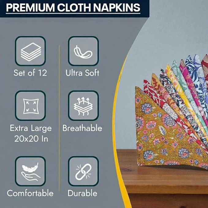 Premium Handblock Cotton Napkin Set, Floral Print, Handmade for Dinner, Event, Thanksgiving (Multicolor, 20x20 Inch -Set of 12)