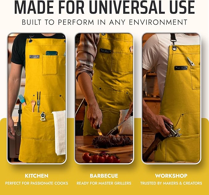 Asaya Chef and BBQ Apron with Bottle Opener and Hand Towel - 10oz Cotton Canvas, Stainless Steel Hardware - Cross Back Straps