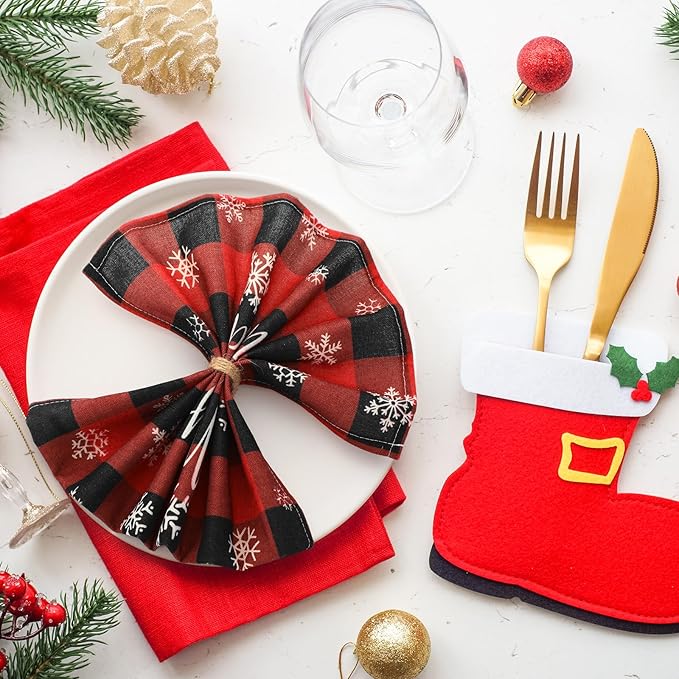 Funnymoom 24 Pcs Christmas Plaid Cloth Napkins Buffalo Gingham 15 x 15 Inches Snowflakes Black and Red Checked Cotton Dinner Napkins Soft Absorbent Washable for Holiday Winter Xmas Party