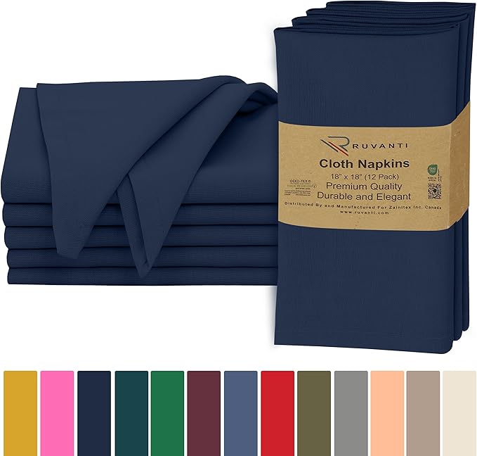 Ruvanti Cloth Napkins Set of 6, 18x18 Inches, 100% Cotton, Washable, Soft & Absorbent, Perfect for Wedding, Christmas, Thanksgiving Dinners - Pageant Blue