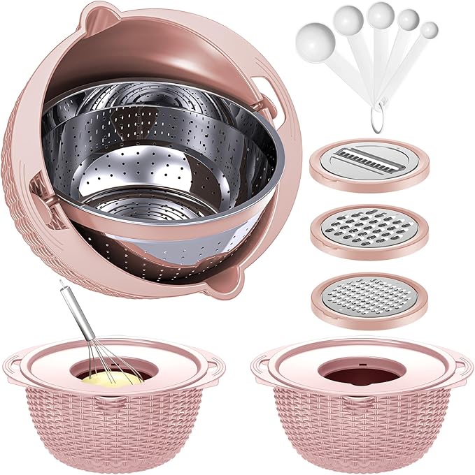 4-1 Colander with Bowl & Spoons Set - Food Strainer with New Upgraded Graters & Spoons - Colanders for kitchen(Patented) - Strainer for Fruit Pasta Veggie, Funny Presents for Women, Pink